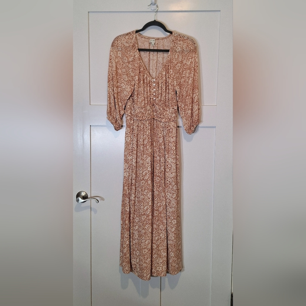 Wonderly Maxi Dress Floral V Neck Rayon Elastic Waist Cinnamon Off White Small